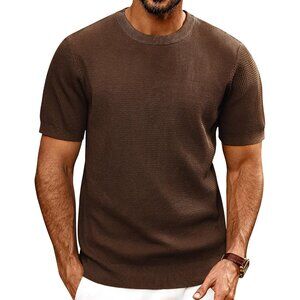 Men's Coffee Knit Short Sleeve Crewneck Shirt Casual Textured T-shirts